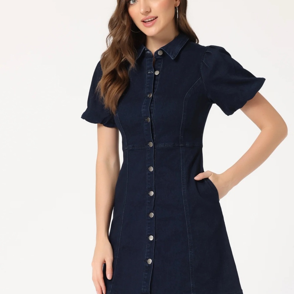 Allegra K Women's Collared Short Sleeve Button Down Midi Denim Dress
